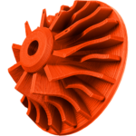 An impeller printed in orange Precise PLA material from Markforged.