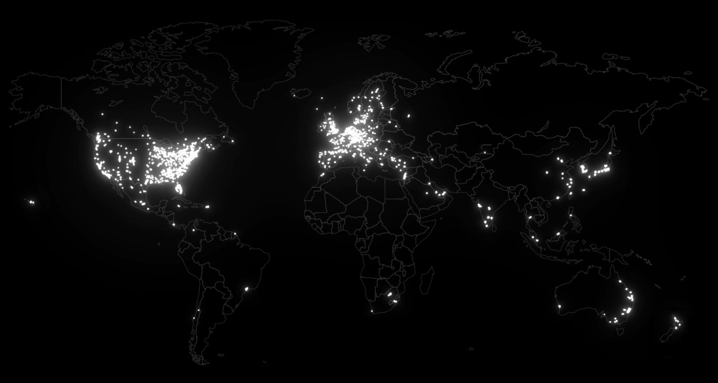A black map with white, glowing lights detailing The Digital Forge's connectivity throughout the globe