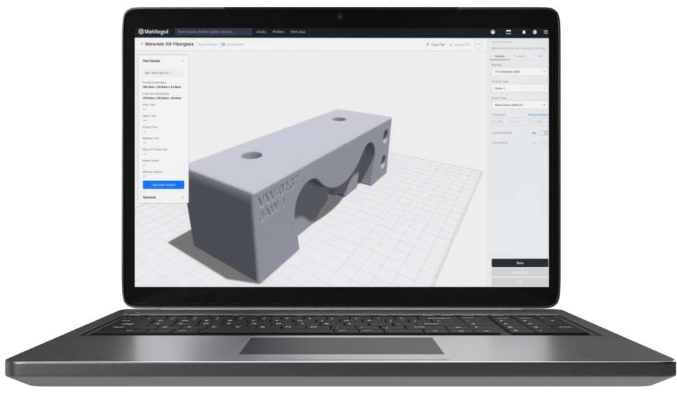 Markforged Eiger software on a laptop screen displaying a fiberglass part model