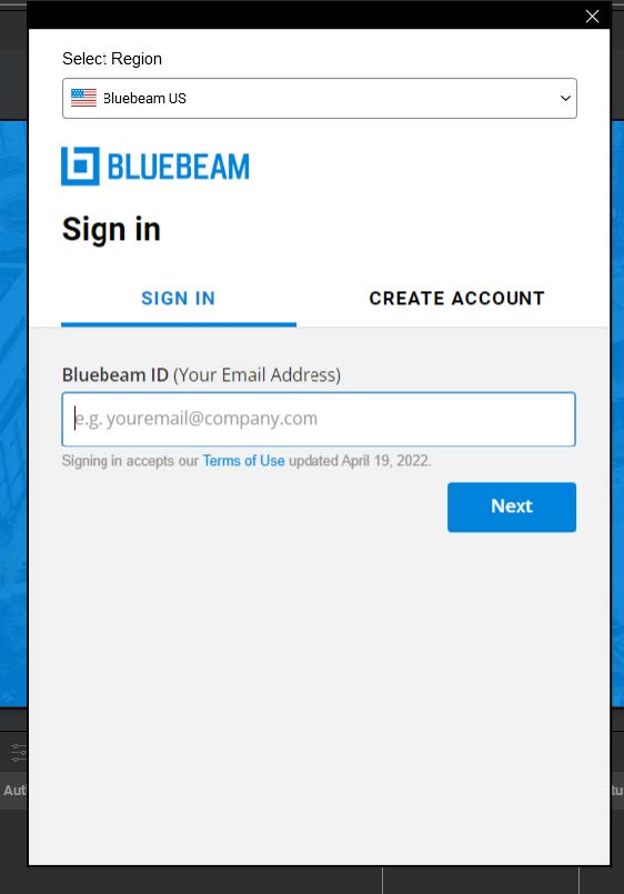Bluebeam 21 Sign in screen