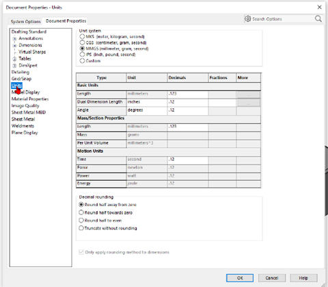 Units in the Document Properties Menu in SOLIDWORKS