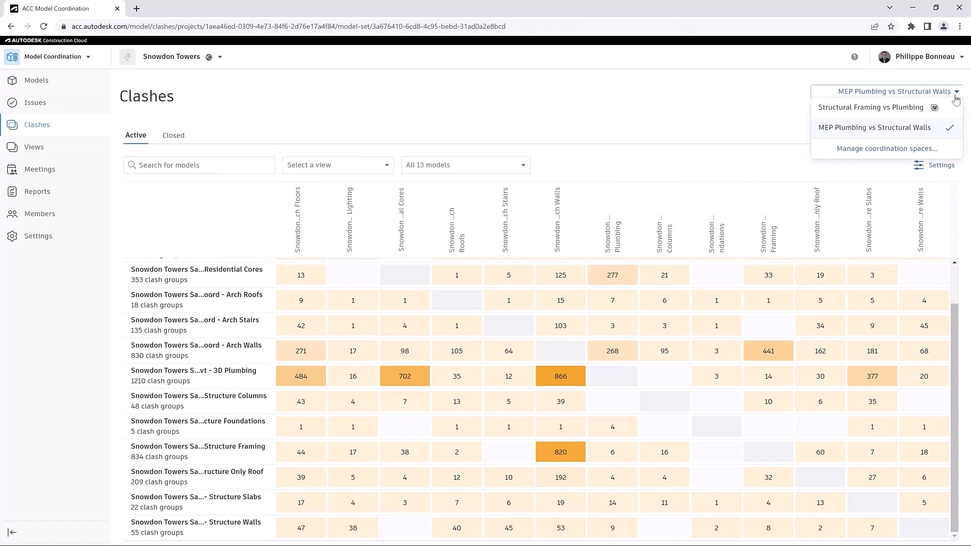 Clash detection list in Autodesk Navisworks