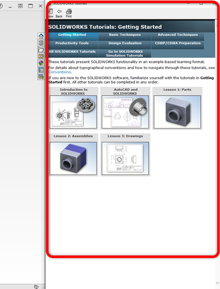 Getting started interface for free SOLIDWORKS tutorials.